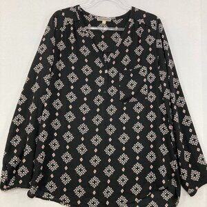 Pleione size XL Black Geometric Print V Neck Long Sleeve Soft Blouse Office